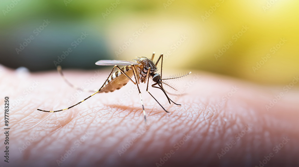 Close-up of mosquito biting human skin, insect on skin detail, macro shot mosquito feeding, bite concept Close-up of mosquito biting human skin, insect on skin detail, macro shot mosquito feeding, bite concept