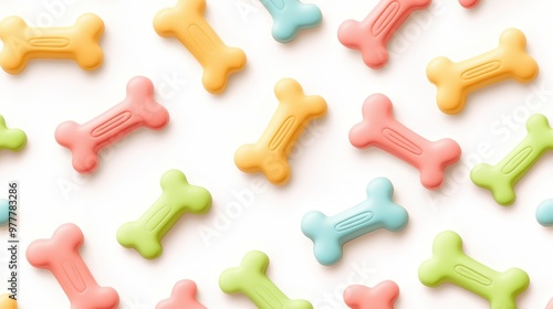 A colorful pattern of dog biscuits shaped like bones, arranged on a white background photo