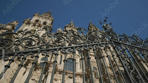 View of the ornate ironwork of the Santiago de Compostela cathedral on sunny day