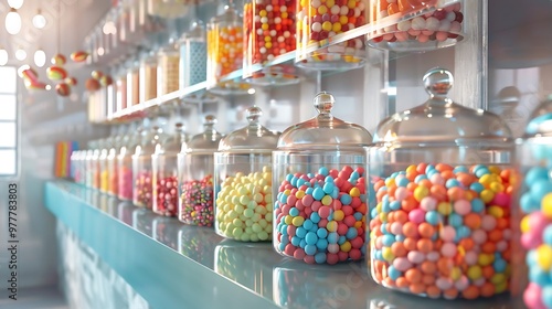 A slightly enlarged, high-definition image of a colorful candy display in a shop. The scene is filled with jars and bins of assorted candies, from brightly colored gummy bears to shiny, wrapped sweets