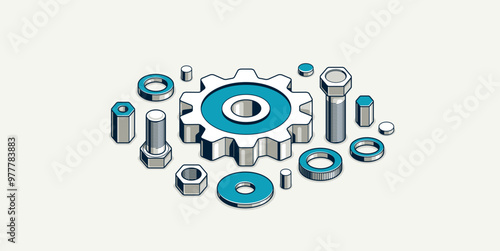 Mechanical engineering concept, gears and cogs composition isometric 3D vector illustration, cogwheels system technology and technics machinery engine.