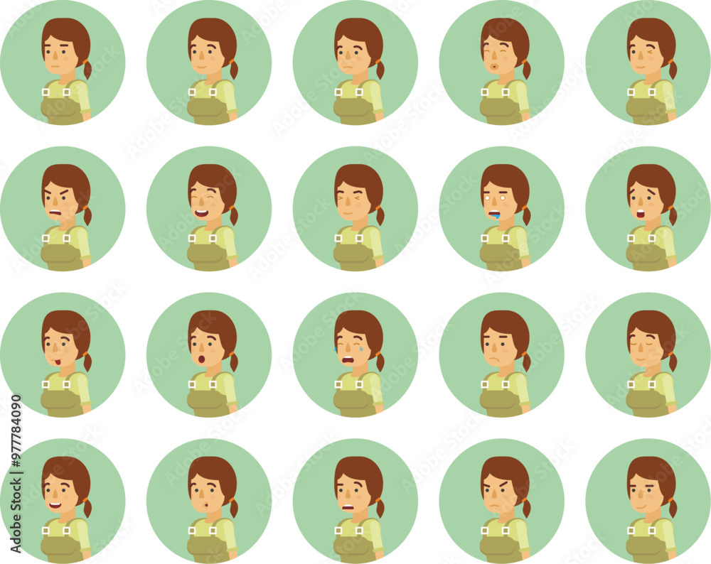 Vector young adult woman avatars and emoticons set in flat style, side view. Vector young adult woman avatars and emoticons set in flat style, side view.