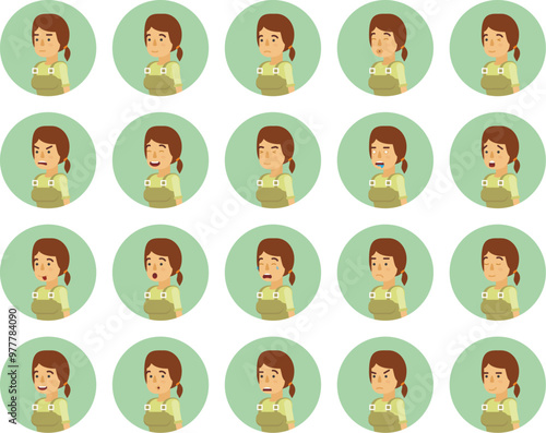 Vector young adult woman avatars and emoticons set in flat style, side view.