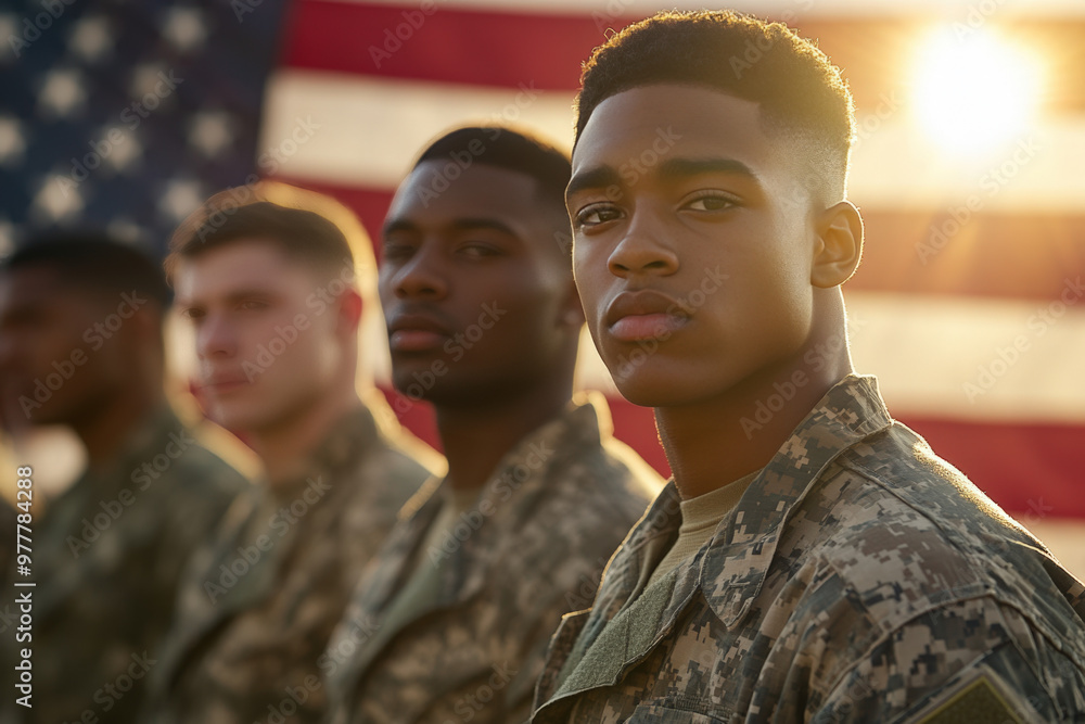 Group of diverse soldiers standing in front of an american flag at sunset Group of diverse soldiers standing in front of an american flag at sunset