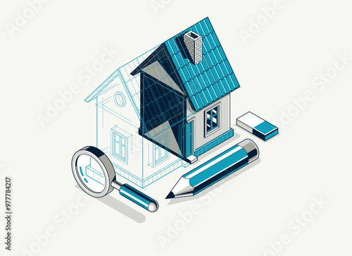 House project implementation embodiment concept, 3D isometric vector illustration of a small house building project, construction architectural model, idea in progress.