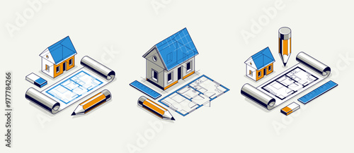 Cottage house for rest project concept set, 3D isometric vector illustration of a small house building project, countryside small house cabin in village or nature.