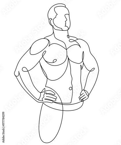 Linear drawing of a perfect body fit model man posing vector illustration isolated, muscular macho sexy guy with naked torso topless.