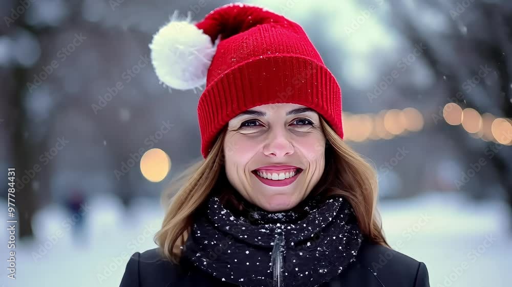 Smiling woman wearing a red beanie with a white pom-pom, enjoying a snowy winter day, radiating warmth and joy amidst the festive holiday season Smiling woman wearing a red beanie with a white pom-pom, enjoying a snowy winter day, radiating warmth and joy amidst the festive holiday season