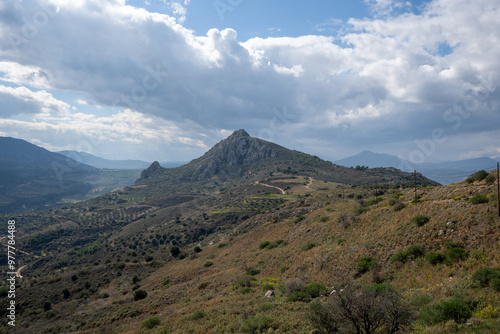 Amazing view from the AcroKorinth in Greece. Hills, mountains and valleys photo