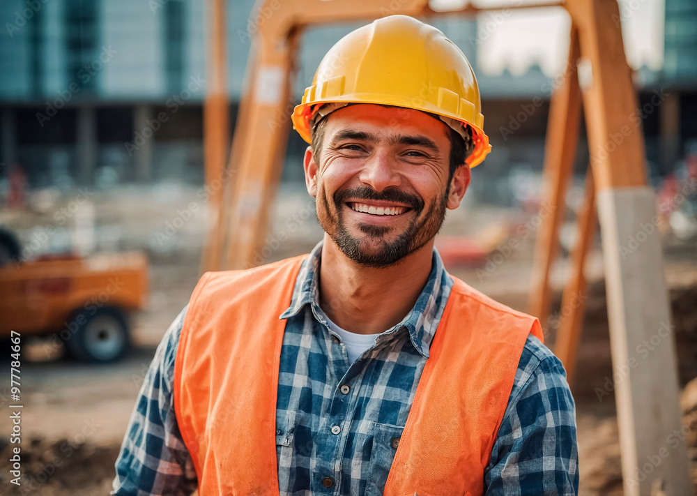 Happy smiling worker in yellow hard hat and reflective vest at construction site
Happy smiling worker in yellow hard hat and reflective vest at construction site