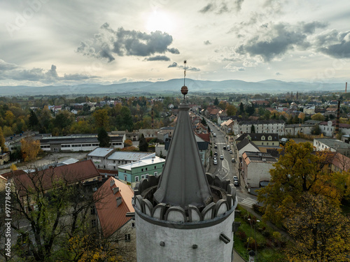 Panorama of the city of Paczkow and Paczkowski Reservoir from a drone's flight. Aerial drone view of Paczkow. A city in the Opole province, in Nysa county, urban-rural commune of Paczkow. photo