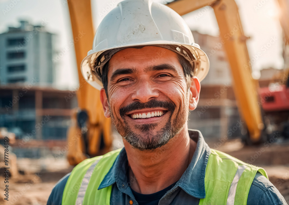 Happy worker in a hard hat and reflective vest on the background of a construction site Happy worker in a hard hat and reflective vest on the background of a construction site