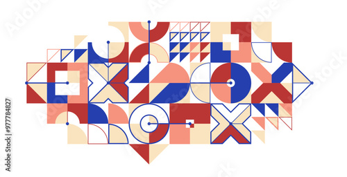 Abstract geometric artistic vector background in ethnic colors, Bauhaus style wallpaper with circles triangles and lines, pattern artwork geometrical abstraction.