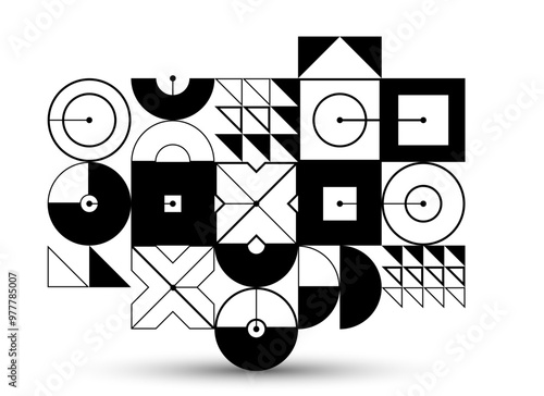 Abstract vector geometric background, tech engineering look like shapes and lines composition, mechanical engine industry style, black and white.