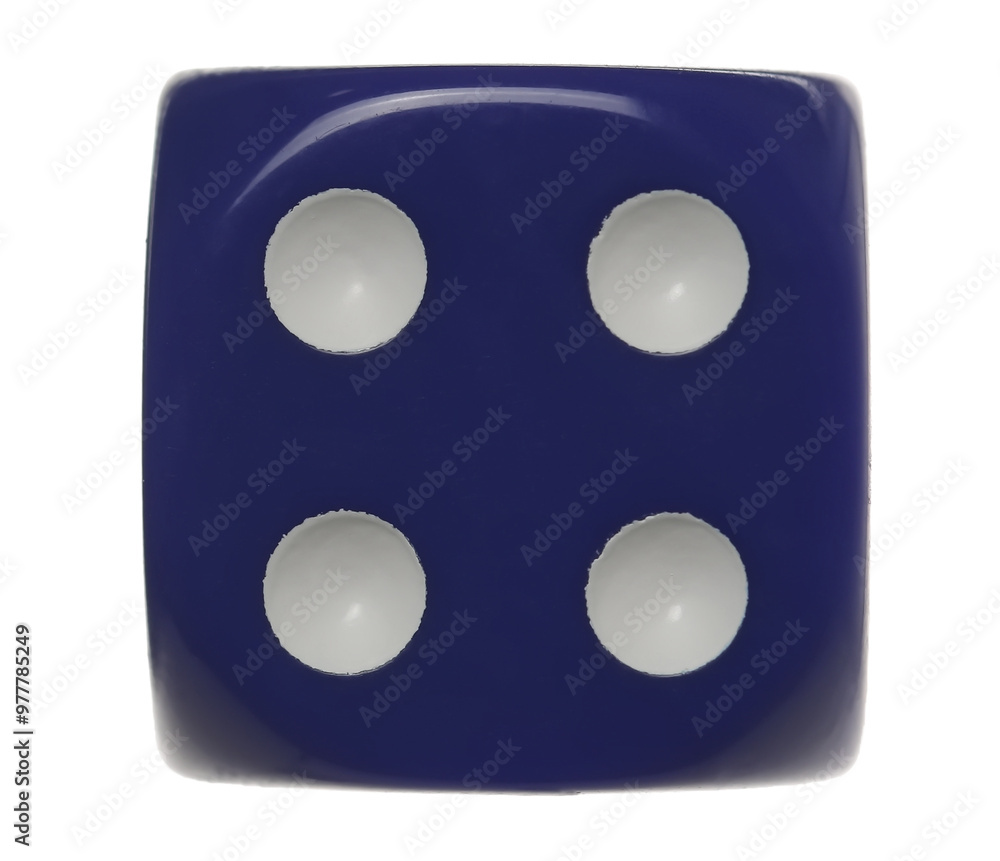 Blue gambling dice flying, number 4, macro isolated on white background, clipping path Blue gambling dice flying, number 4, macro isolated on white background, clipping path