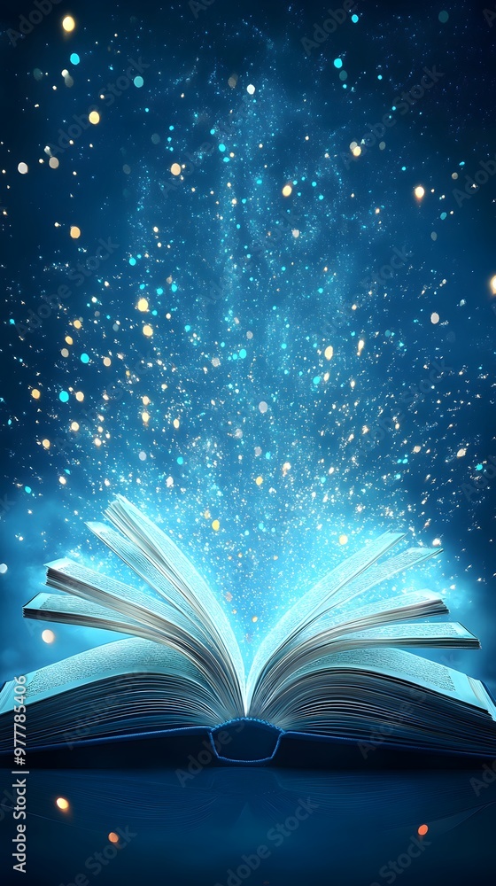 An open book with pages turning, glowing light particles emanating from the text on each page against an abstract blue background An open book with pages turning, glowing light particles emanating from the text on each page against an abstract blue background