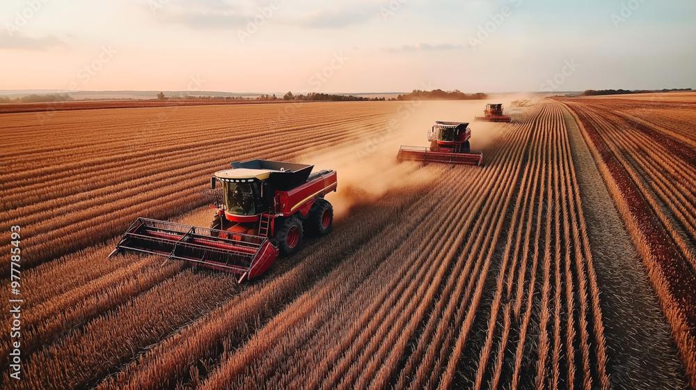 Three combines harvest a vast wheat field at sunset, with lines of crops and dust clouds visible in the background, indicating peak agricultural activity. Three combines harvest a vast wheat field at sunset, with lines of crops and dust clouds visible in the background, indicating peak agricultural activity.