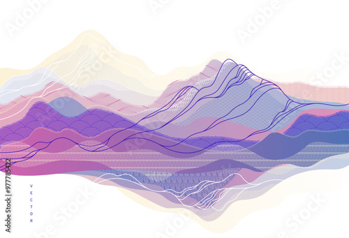 Oriental Japanese style vector abstract illustration, background in Asian traditional style, wavy shapes and mountains terrain, runny like sea lines.