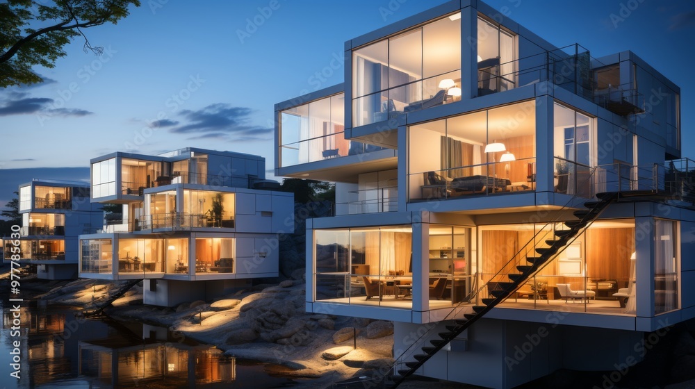 Advanced modular housing units being constructed at a contemporary factory during twilight hours Advanced modular housing units being constructed at a contemporary factory during twilight hours