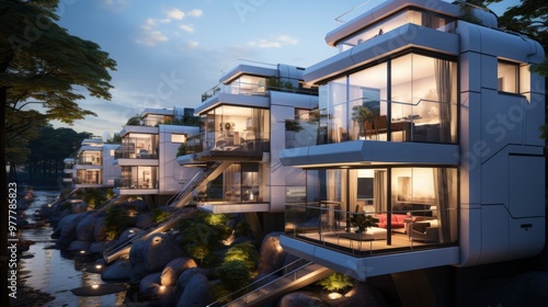 Advanced modular housing unit factory producing innovative living spaces in a serene environment