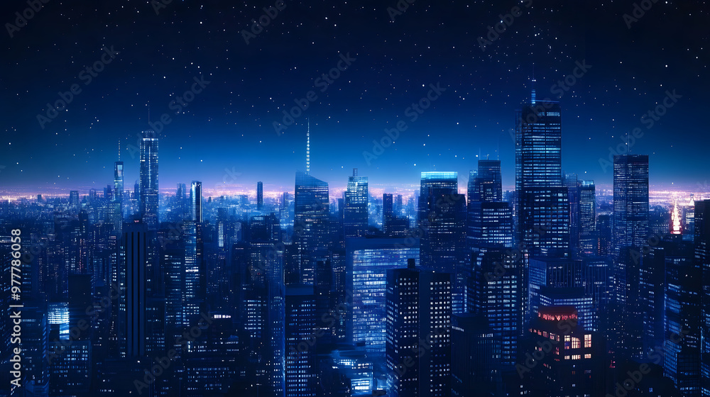 A dark blue cityscape at night, with skyscrapers lit up against the sky A dark blue cityscape at night, with skyscrapers lit up against the sky