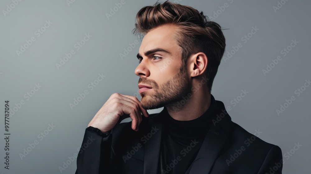 Man in black poses thoughtfully on gray backdrop Man in black poses thoughtfully on gray backdrop
