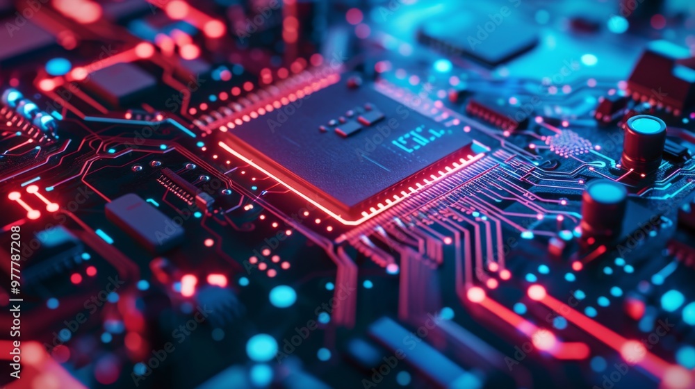 Close Up of a Glowing Circuit Board with Microchip Close Up of a Glowing Circuit Board with Microchip