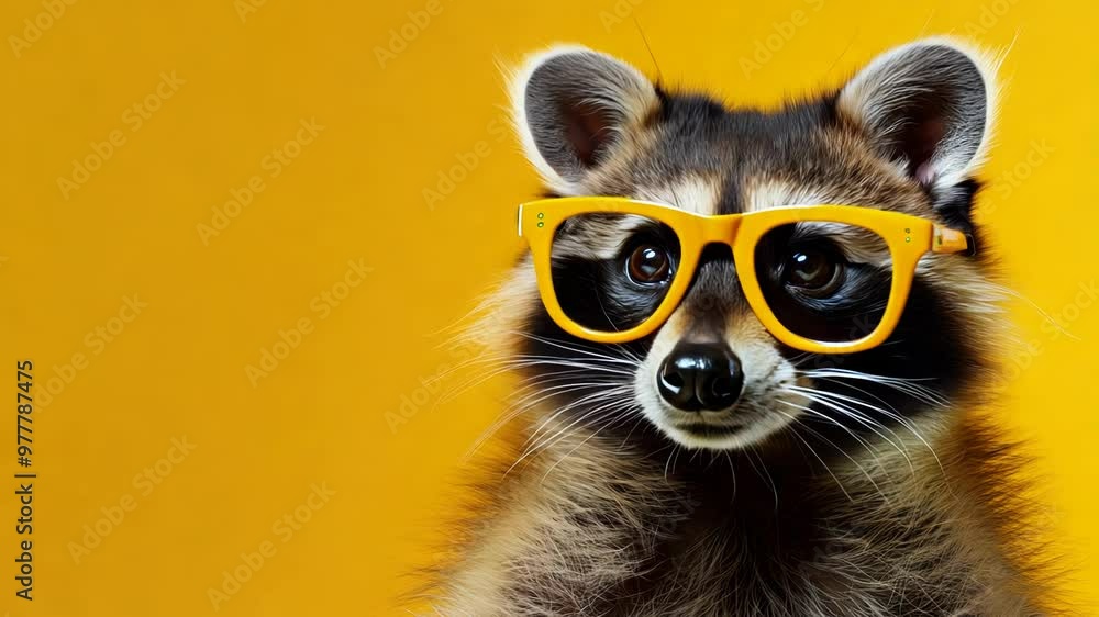 A raccoon wearing orange glasses on a yellow background A raccoon wearing orange glasses on a yellow background