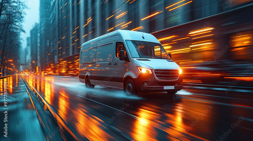 White modern delivery small shipment cargo courier van moving fast on motorway road to city White modern delivery small shipment cargo courier van moving fast on motorway road to city