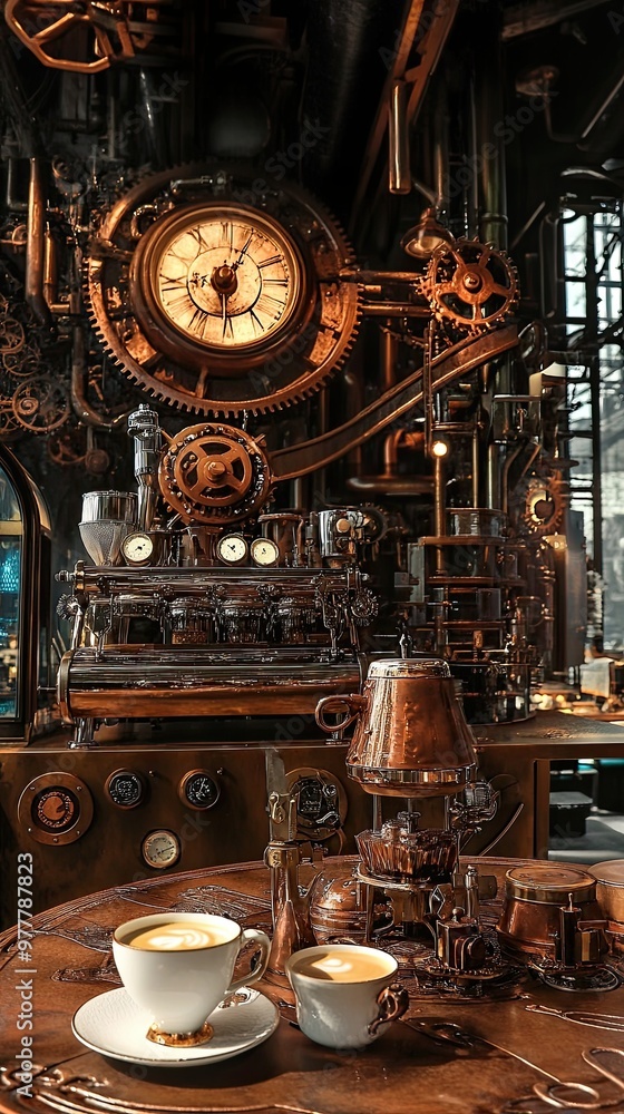 A Cozy Café Interior Featuring Steampunk Decor and Freshly Brewed Coffee in the Afternoon A Cozy Café Interior Featuring Steampunk Decor and Freshly Brewed Coffee in the Afternoon