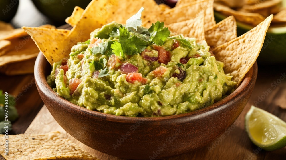Guac: Creamy Avocado Bowl with Crunchy Tortilla Chips and Spicy Chili Background Guac: Creamy Avocado Bowl with Crunchy Tortilla Chips and Spicy Chili Background