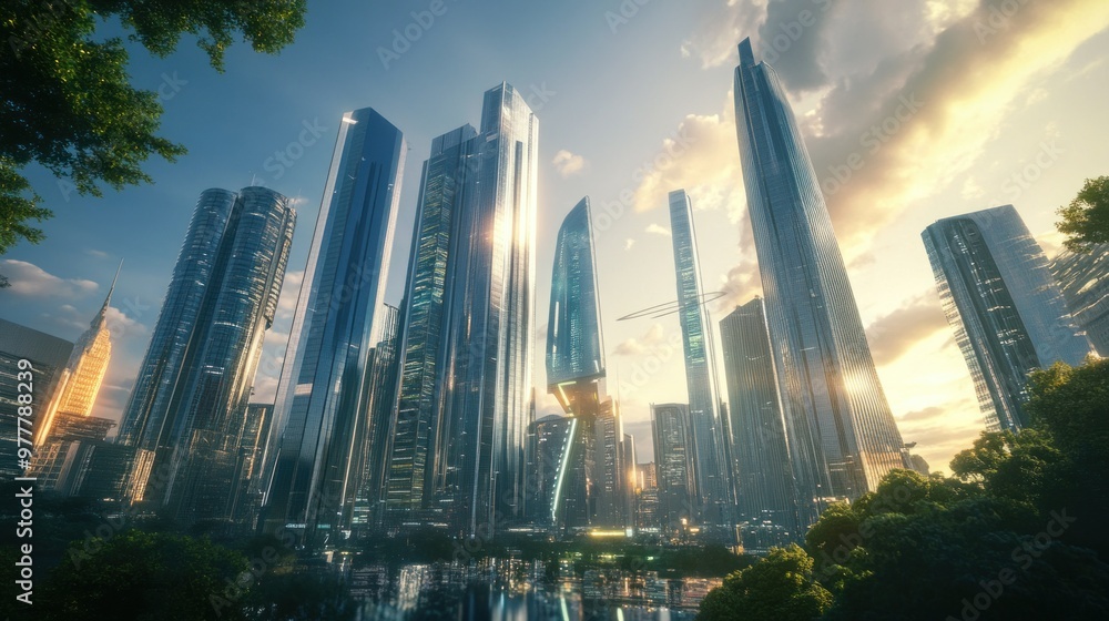 Fototapeta premium Futuristic Skyscrapers in a City Skyline at Sunset
