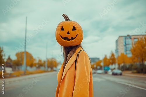 A student wearing an orange coat with a pumpkin head on a city street with cars and buildings in the background. photo