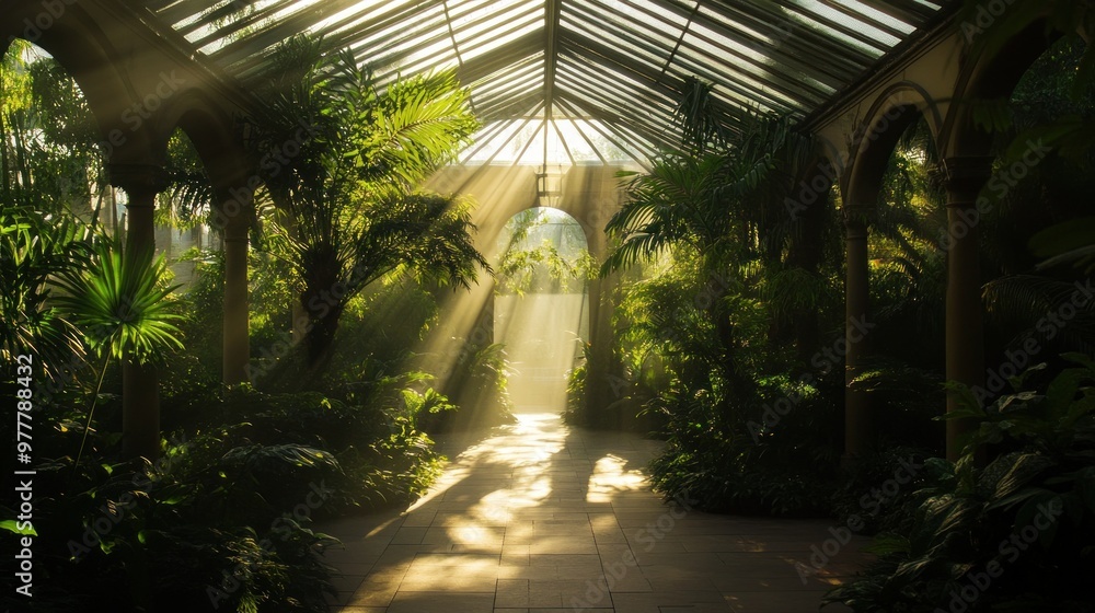 Sunbeams Streaming Through a Glass Roof in a Lush Green Conservatory Sunbeams Streaming Through a Glass Roof in a Lush Green Conservatory