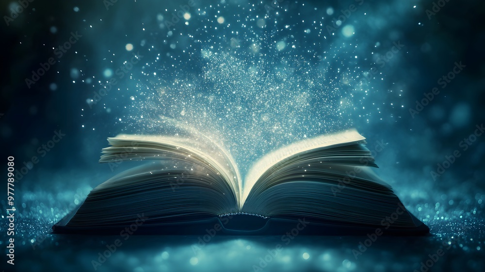 An open book with pages turning, glowing light particles emanating from the text on each page against an abstract blue background An open book with pages turning, glowing light particles emanating from the text on each page against an abstract blue background