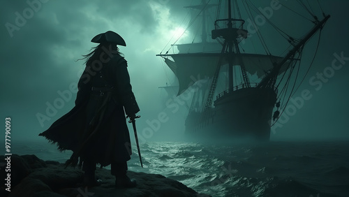 Mysterious pirate with sword gazing at ghost ship in foggy night photo