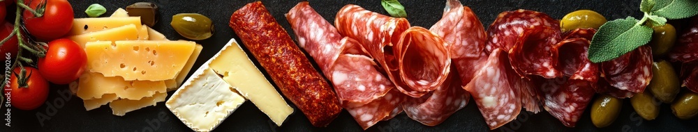 A vibrant charcuterie board with meats, cheeses, and olives on display A vibrant charcuterie board with meats, cheeses, and olives on display