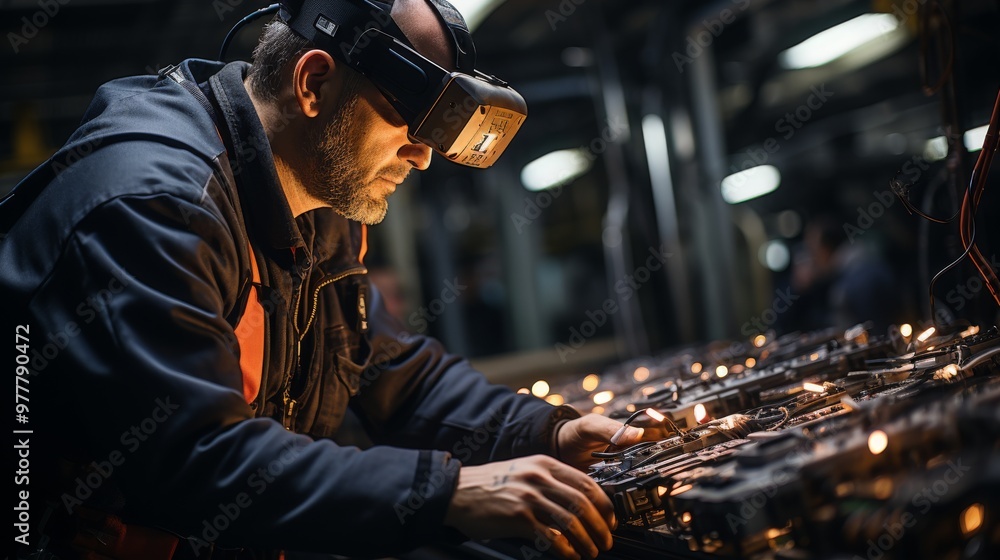 Robotics in action as a technician utilizes VR headsets to enhance automation in manufacturing Robotics in action as a technician utilizes VR headsets to enhance automation in manufacturing