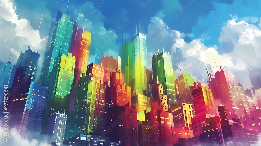 A slightly enlarged, high-definition image featuring an abstract, colorful background with modern buildings integrated into the design. A slightly enlarged, high-definition image featuring an abstract, colorful background with modern buildings integrated into the design.