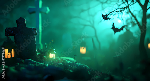 Halloween night background with a haunted graveyard and spooky lanterns photo