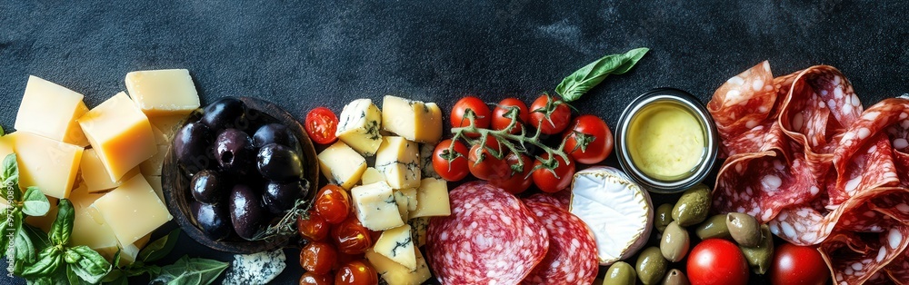 Colorful display of cheeses, meats, and vegetables on a dark table Colorful display of cheeses, meats, and vegetables on a dark table