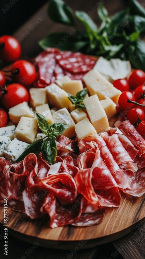 A vibrant cheese and charcuterie platter with fresh tomatoes and herbs A vibrant cheese and charcuterie platter with fresh tomatoes and herbs