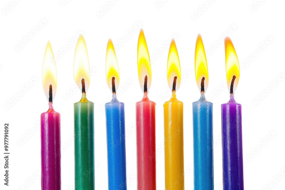 Vivid photo of seven colorful lit candles in a row with a transparent background. perfect for celebration and festive themes. Vivid photo of seven colorful lit candles in a row with a transparent background. perfect for celebration and festive themes.