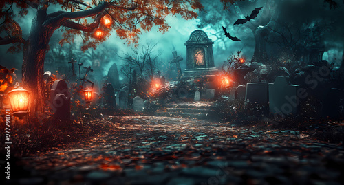 Halloween night background with a haunted graveyard and spooky lanterns photo