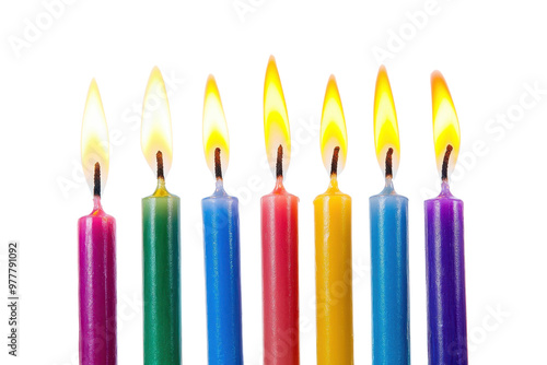 Vivid photo of seven colorful lit candles in a row with a transparent background. perfect for celebration and festive themes.