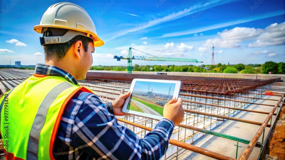 Obraz premium A civil engineer reviewing site plans on a tablet, with a large infrastructure project in the background, showing the connection between technology and hands-on supervision.
