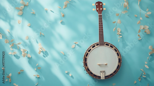 Melodic Rhythms: Vibrant Banjo and Music Notes in Cheerful Documentary Style photo