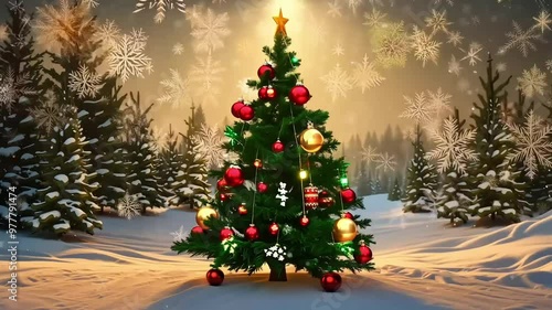 Christmas tree beautifully decorated with ornaments and lights, standing in a snowy forest under a glowing sky filled with snowflakes, evoking the magic of the holiday season