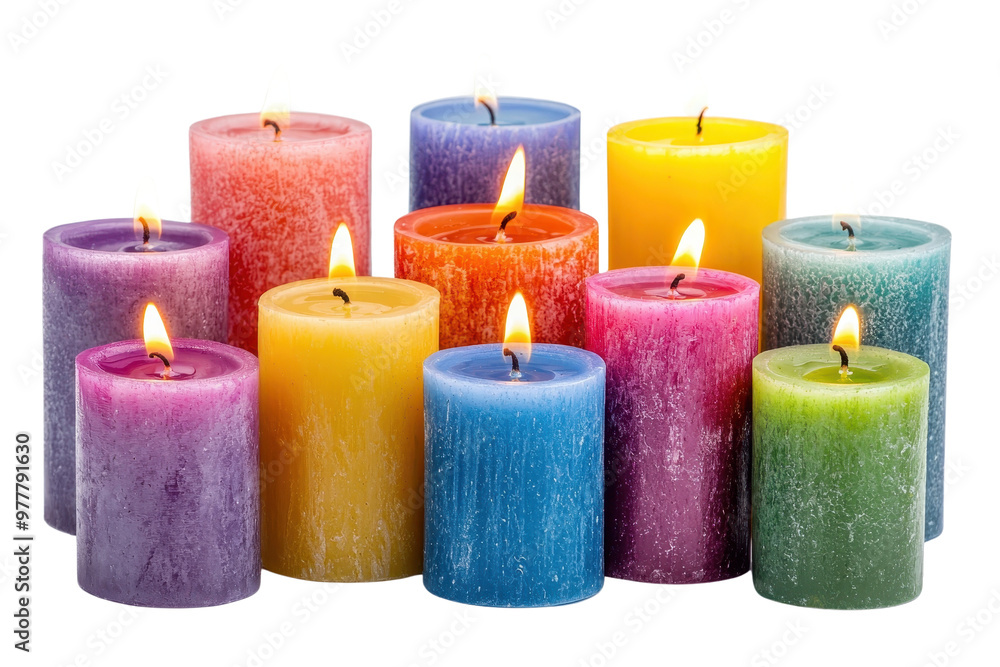 A vibrant collection of colorful, lit candles arranged in a group, perfect for adding a warm and cozy atmosphere to any setting. A vibrant collection of colorful, lit candles arranged in a group, perfect for adding a warm and cozy atmosphere to any setting.