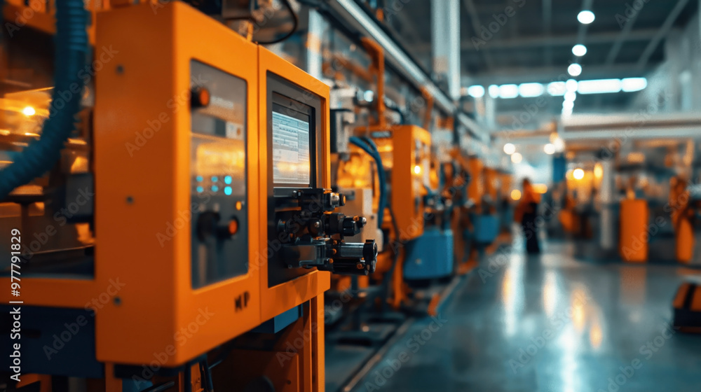 Fototapeta premium A modern industrial factory interior with advanced machinery and equipment featuring control panels and pipes. The setting includes blurred figures and a well-lit environment.